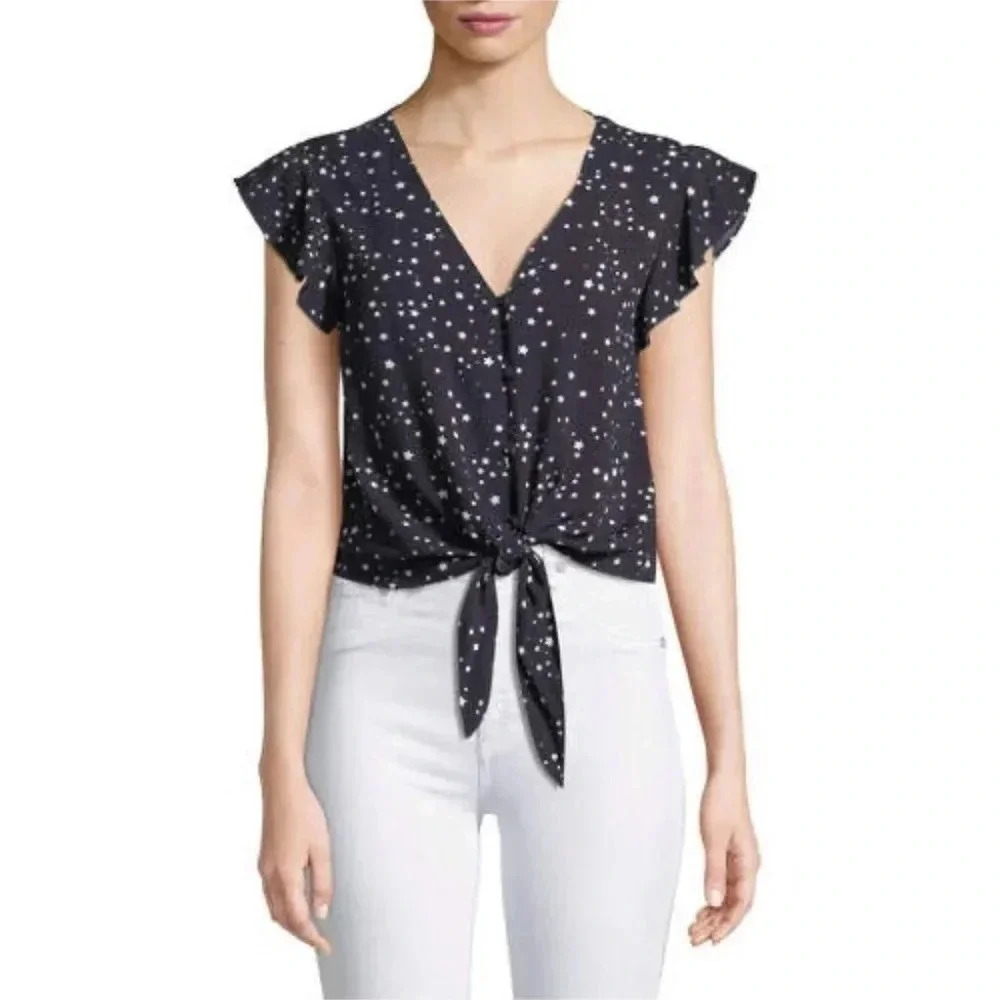 Tie-Front Flutter Sleeve Top in Navy Star Print